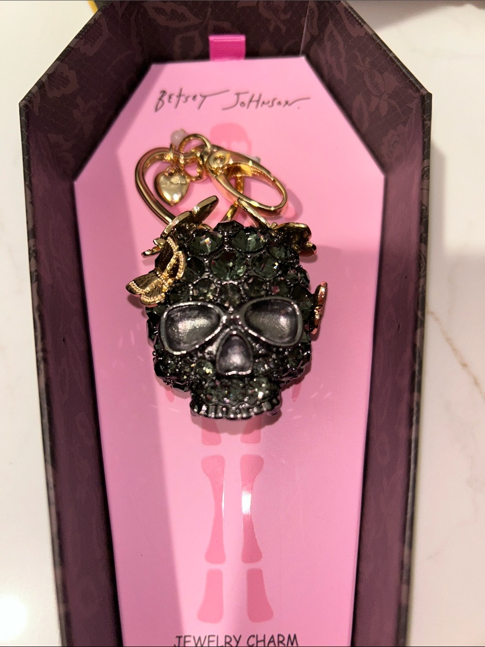 Betsey Johnson black crystal skull& butterfly bag charm keychain NIB/NWT - Picture 7 of 13